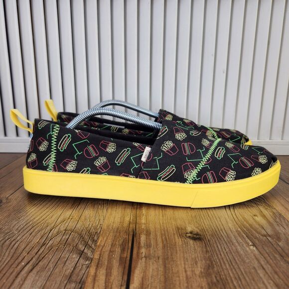 TOMS Venice Late Night Food Print Canvas Mens Size 12 Black Yellow Loafers Shoes - Picture 1 of 9